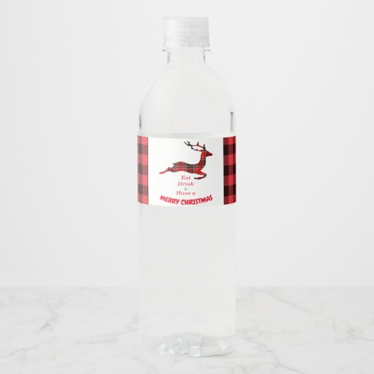 Étiquette Pour Bouteilles D'eau Buffalo Plaid Reindeer Joyeux tartan de Noël (Devant)