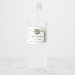 Étiquette Pour Bouteilles D'eau Cadre doré élégant et fleurs de mariage avec verdu