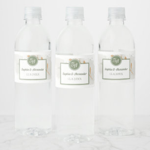 Étiquette Pour Bouteilles D'eau Cadre élégant en or et fleurs de mariage vertes