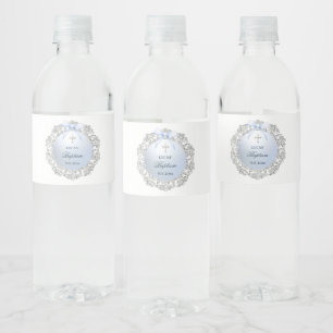 Étiquette Pour Bouteilles D'eau Cadre Pailleté Argent Ruban Bleu Baptême