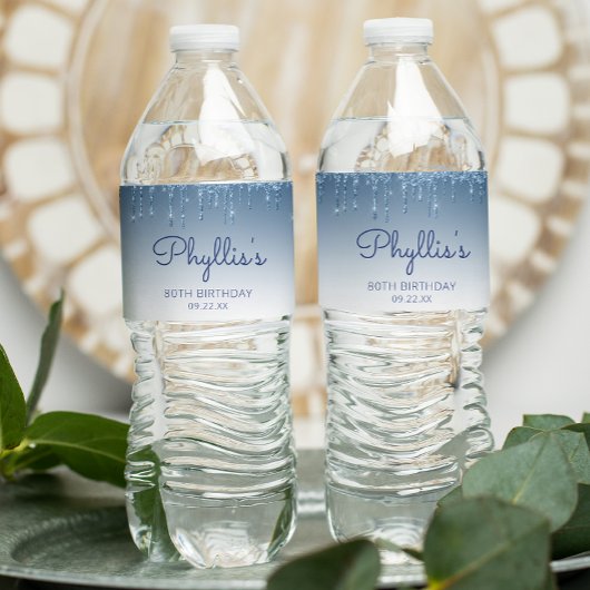 Étiquette Pour Bouteilles D'eau Chic Blue Glitter Drip 80th Birthday Party