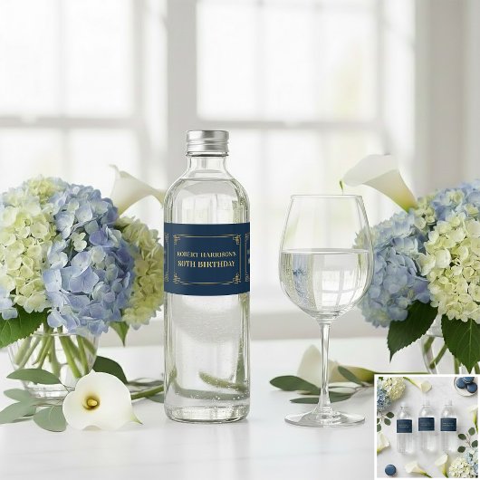 Étiquette Pour Bouteilles D'eau Chic Luxury Navy Gold 80th Birthday