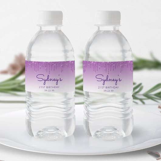 Étiquette Pour Bouteilles D'eau Chic Purple Parties scintillant Drip 21e fête d'an
