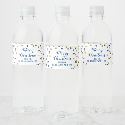Étiquette Pour Bouteilles D'eau Confetti en or bleu foncé Personnalisé Joyeux Noël (Bouteilles)