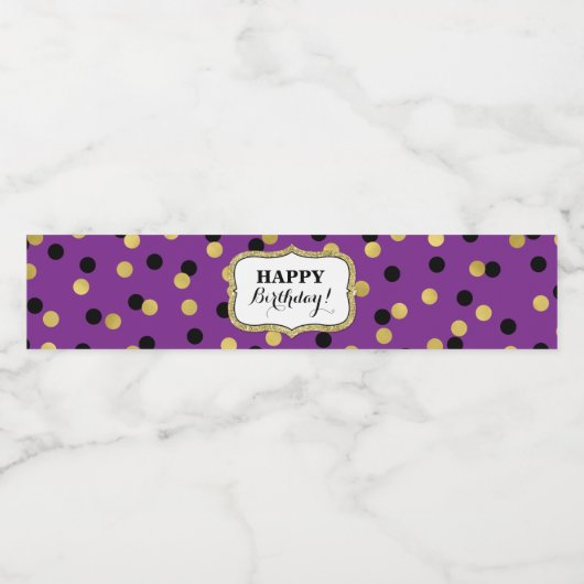 Étiquette Pour Bouteilles D'eau Confetti en or noir violet Joyeux anniversaire! (Étiquettes simples)
