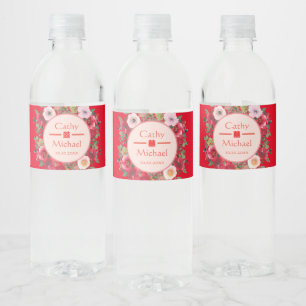 Étiquette Pour Bouteilles D'eau Couronne florale rouge mariage chinois moderne
