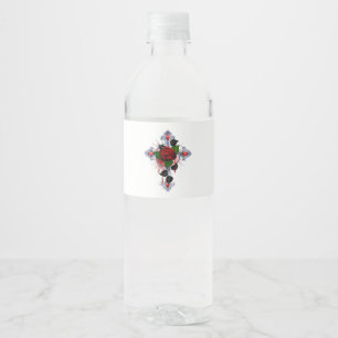 Étiquette Pour Bouteilles D'eau Croix d'argent avec une rose rouge