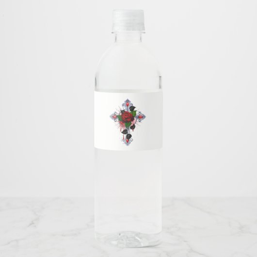 Étiquette Pour Bouteilles D'eau Croix d'argent avec une rose rouge (Devant)