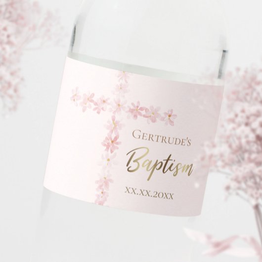 Étiquette Pour Bouteilles D'eau Croix de l'aquarelle rose du baptême