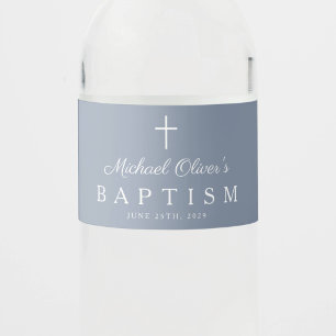 Étiquette Pour Bouteilles D'eau Croix Religieuse Bleu Poussiéreux Baptême Garçon