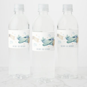 Étiquette Pour Bouteilles D'eau Cute Aqua Blue Plane Cloud Anniversaire de enfant 