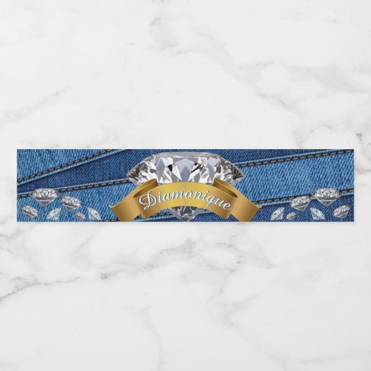 Étiquette Pour Bouteilles D'eau Denim & Diamants| Jean Bleu & Bannière Diamant (Étiquettes simples)