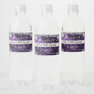 Étiquette Pour Bouteilles D'eau Diamants étincelants bat mitzvah en satin pourpre
