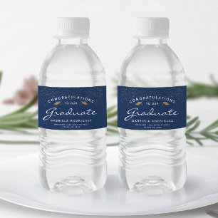 Étiquette Pour Bouteilles D'eau Diplôme de chapeau doré écriture blanche bleu fonc