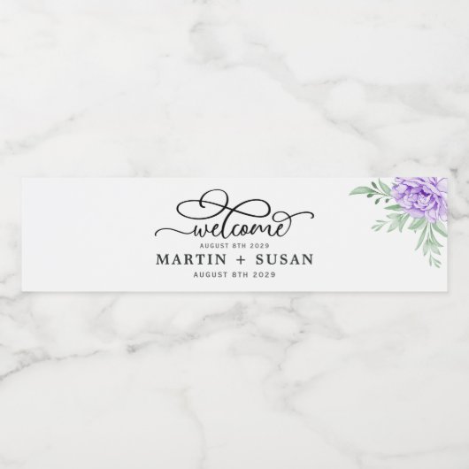 Étiquette Pour Bouteilles D'eau Dusty Purple Peony Rose vert Feuille Mariage (Étiquettes simples)