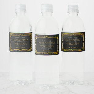 Étiquette Pour Bouteilles D'eau Elégant Art Déco vintage Black Gold Mariage Eau