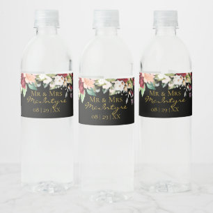 Étiquette Pour Bouteilles D'eau Elégant Black Gold Burgundy Blush Floral Mr & Mrs.