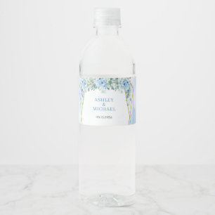 Étiquette Pour Bouteilles D'eau Élégant cadre floral bleu poussiéreux et or eucaly
