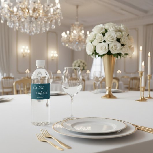 Étiquette Pour Bouteilles D'eau Elegant Deep Teal Script Minimalist Wedding
