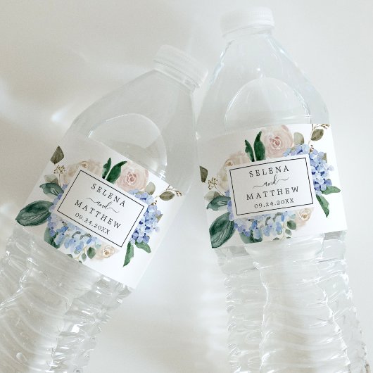 Étiquette Pour Bouteilles D'eau Élégant Mariage végétal bleu Hydrangea