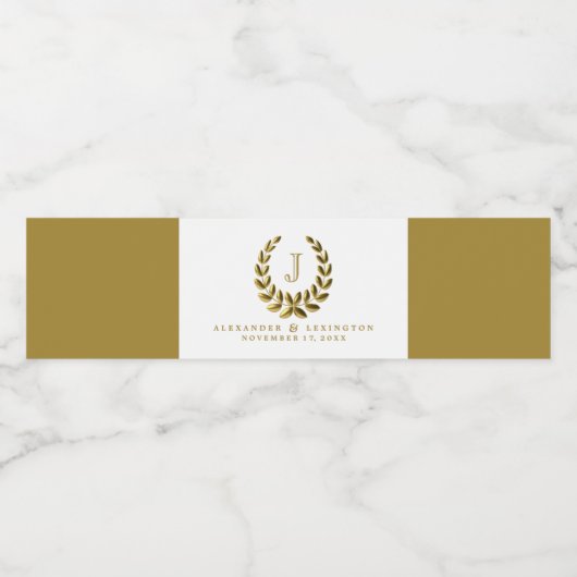 Étiquette Pour Bouteilles D'eau Élégant Monogramme Avec Wreath Gold Laurel (Étiquettes simples)