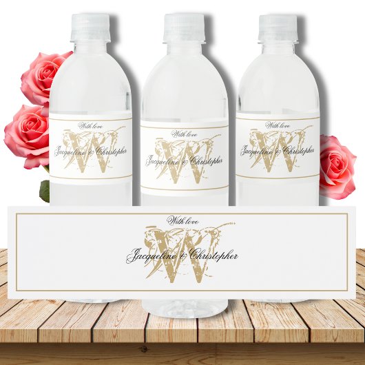 Étiquette Pour Bouteilles D'eau Élégant Noms Monogrammes Chic Mariage Blanc & Or