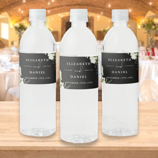Étiquette Pour Bouteilles D'eau Élégant Vert Floral Noir Et Blanc Mariage