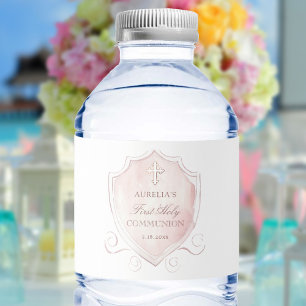 Étiquette Pour Bouteilles D'eau Élégante crête rose d'aquarelle première communion