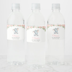 Étiquette Pour Bouteilles D'eau Éléphant, Fleurs Aquarelle Rose, Premier Anniversa
