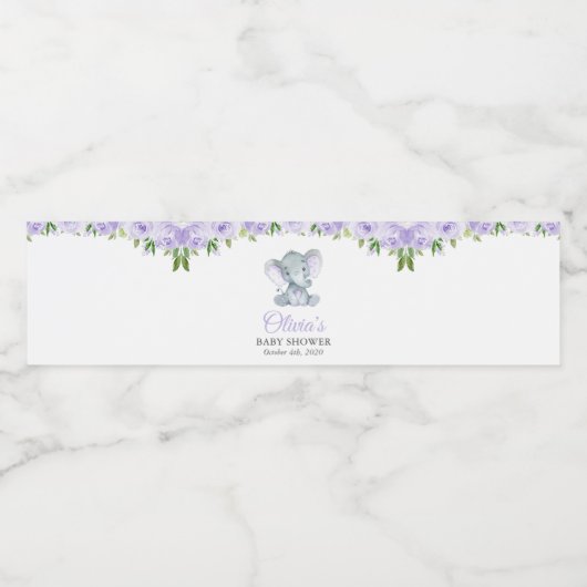 Étiquette Pour Bouteilles D'eau Eléphant, Fleurs d'aquarelle violette, Baby shower (Étiquettes simples)