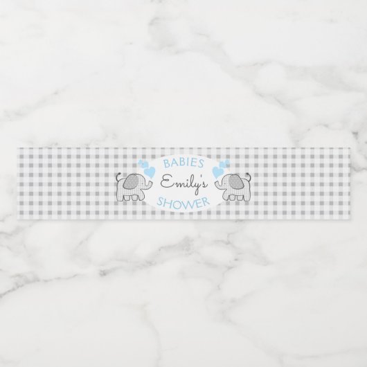 Étiquette Pour Bouteilles D'eau en vichy Eléphants avec Baby shower Coeurs Bleus (Étiquettes simples)