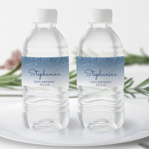 Étiquette Pour Bouteilles D'eau Fête d'anniversaire de 50 ans Chic Blue Glitter Dr