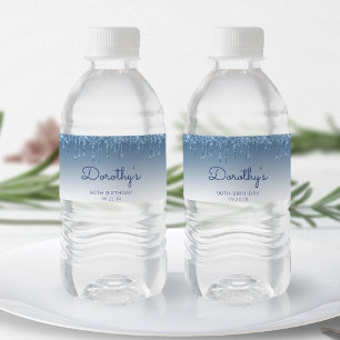 Étiquette Pour Bouteilles D'eau Fête d'anniversaire de 90 ans Chic Blue Glitter Dr
