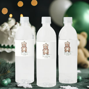 Étiquette Pour Bouteilles D'eau Fête d'anniversaire ours vert d'hiver boisée