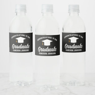 Étiquette Pour Bouteilles D'eau Fête de graduation personnalisée en noir blanc mod