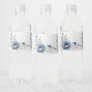 Étiquette Pour Bouteilles D'eau Fête Dusty Blue Fleurs Aquarelle Argent Élégant