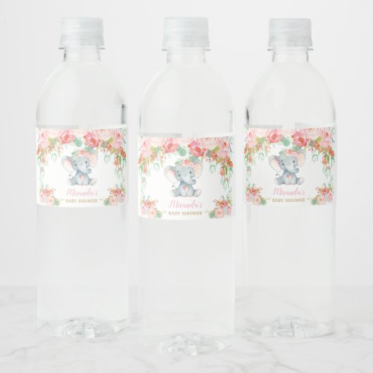 Étiquette Pour Bouteilles D'eau Fille Baby shower rose Floral Eléphant (Bouteilles)