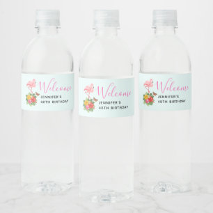 Étiquette Pour Bouteilles D'eau Flamant rose rose & Hibiscus Tropical Fancy