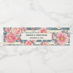 Étiquette Pour Bouteilles D'eau Fleurs aquarelles roses sur mariage rayures