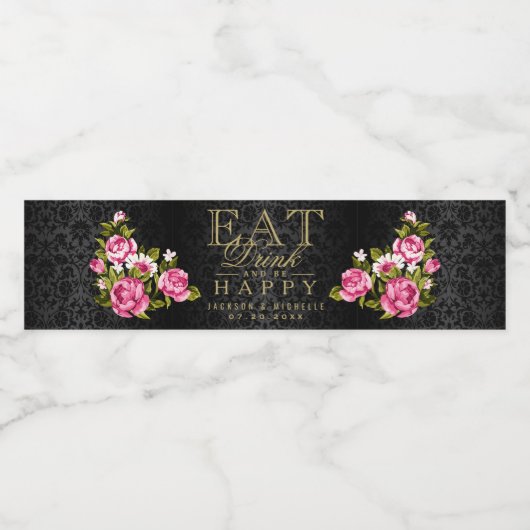 Étiquette Pour Bouteilles D'eau Fleurs roses - Mangez, buvez et soyez (Ajouter vot (Étiquettes simples)