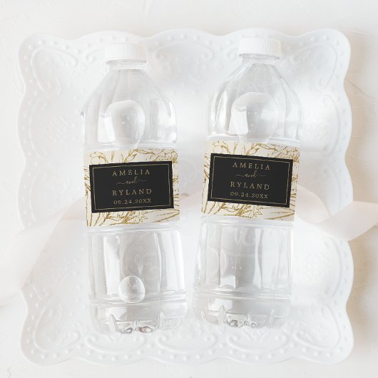 Étiquette Pour Bouteilles D'eau Floral doré | Mariage crème et or