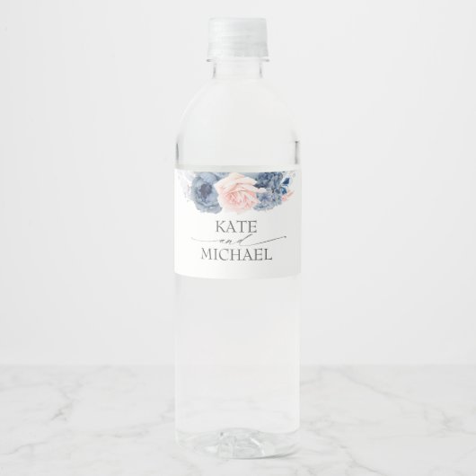 Étiquette Pour Bouteilles D'eau Flore bleu et rose pâle de la marine (Devant)