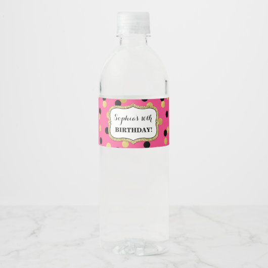Étiquette Pour Bouteilles D'eau Fuchsia Black Gold Confetti Personnalisé Anniversa (Devant)