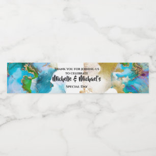 Étiquette Pour Bouteilles D'eau Géode bleu or agate aquarelle couleur paon