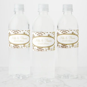 Étiquette Pour Bouteilles D'eau Gold Damask White Script Mariage élégant