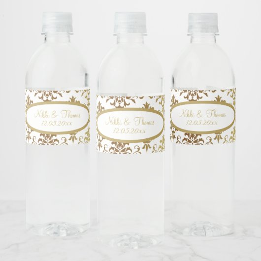 Étiquette Pour Bouteilles D'eau Gold Damask White Script Mariage élégant (Bouteilles)
