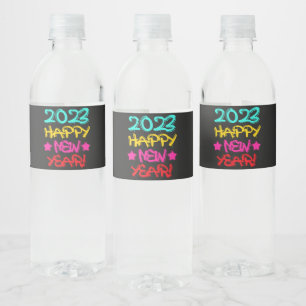 Étiquette Pour Bouteilles D'eau Graffiti coloré Bonne année 2023 dans Retro