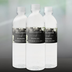 Étiquette Pour Bouteilles D'eau Guirlande de lumières florale mariage noir et blan