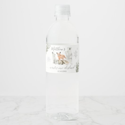 Étiquette Pour Bouteilles D'eau Hiver Onederland Bois Animaux Anniversaire (Devant)