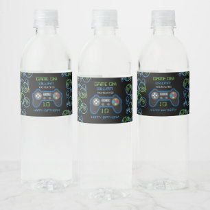 Étiquette Pour Bouteilles D'eau Jeu vidéo Neon Blue & Green Anniversaire Party
